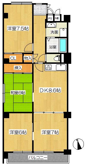 Floor plan. 4DK, Price 14.8 million yen, Occupied area 76.97 sq m , Balcony area 7.04 sq m floor plan