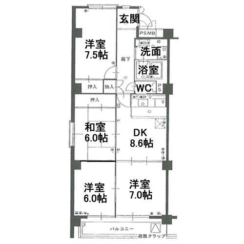 Floor plan. 4DK, Price 14.8 million yen, Occupied area 76.97 sq m , Balcony area 7.04 sq m
