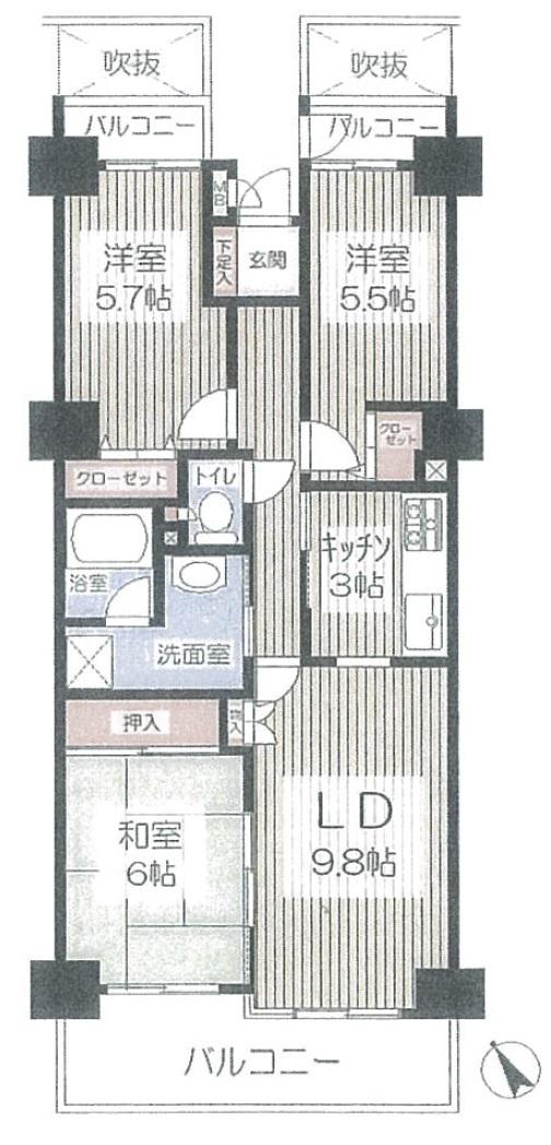 Floor plan. 3LDK, Price 21,800,000 yen, Footprint 71.3 sq m , Balcony area 12.89 sq m