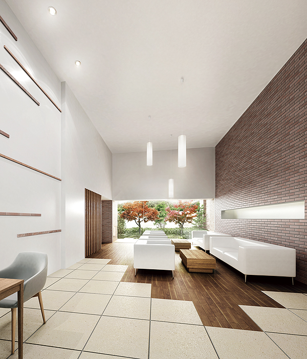 Shared facilities.  [Owner's Lounge] Lounge space of airy two-layer blow-by. The wall of the captured tile adjust the image of the exterior design, Chic sofa set, etc., It is a calm space. From big took windows, It offers four seasons of flowers in colored views Garden (Rendering)