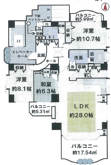 Floor plan. 3LDK, Price 43 million yen, Footprint 141.65 sq m , Balcony area 28.84 sq m