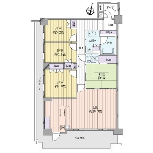 Floor plan. 4LDK, Price 39,800,000 yen, Occupied area 99.26 sq m , Balcony area 25.7 sq m