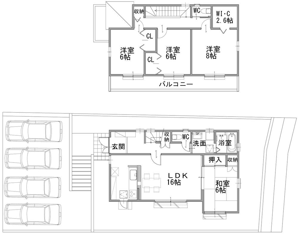 Building plan example (floor plan). Building plan example (north section) 4LDK, Land price 33,060,000 yen, Land area 203.46 sq m , Building price 19,440,000 yen, Building area 108.48 sq m