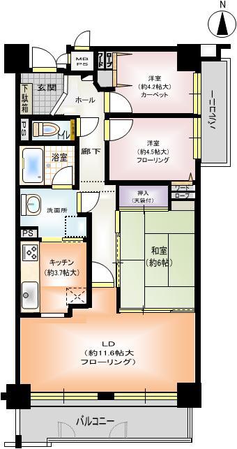 Floor plan. 3LDK, Price 17.8 million yen, Occupied area 72.36 sq m , Balcony area 12.45 sq m