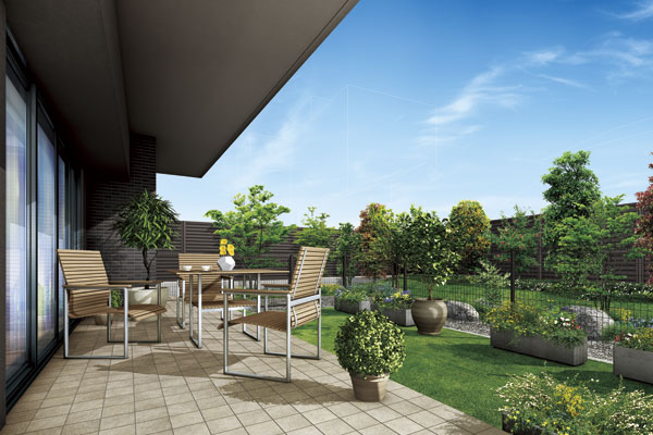 balcony ・ terrace ・ Private garden.  [Private garden ・ terrace] Terrace which is provided on the first floor dwelling unit is, Or looking at the garden in a private garden over at a table and chairs, While feeling the four seasons that will turn now in life is relaxed and welcoming open-minded private space (Rendering)