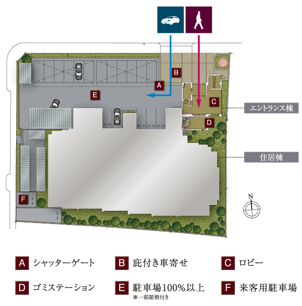 Features of the building.  [Land Plan] By providing a separate entrance building from residential building, Achieve the appearance of as prestigious Yingbin mansion. In order to attract the rich sunlight into the room, Adopted Zenteiminami facing Juto layout. further, Such as a driveway that you can get on and off without getting wet on a rainy day, We polished hospitality as Yingbin mansion to entertain the people that live (site layout)