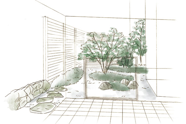Shared facilities.  [Spot garden] The south side of the entrance hall quartzite and Japanese Maple has been nestled is Tsuboniwa arranged (Rendering Illustration)