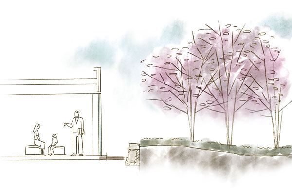 Shared facilities.  [lobby] In the entrance hall, Lobby to be able to chat a row of cherry blossom trees of the adjacent land to the scenic backdrop have been installed (a cross-sectional illustration)