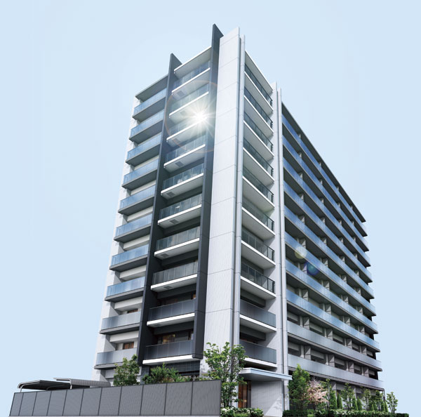 Features of the building.  [appearance] Impressive ground 11-story chic look to wear the tranquil air of residential area. The profound feeling by using the texture rich and white tiles was based on Brown, In addition to extensive use of glass railing of the balcony shine in sunlight, We stylish beauty to presage a quality city life is realized (Rendering)