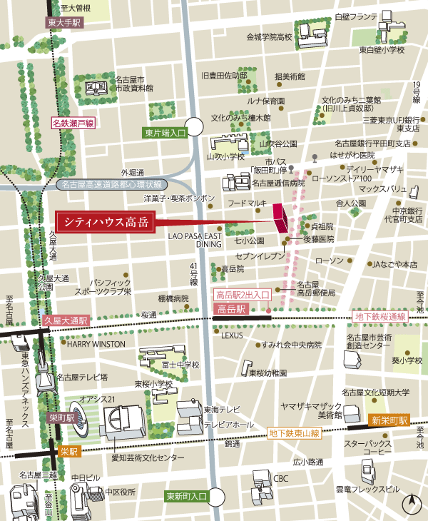 Surrounding environment. Subway Sakura-dori Line "Takaoka" station walk 5 minutes. Calm environment while situated in the inner city. 1.3km bloc to "Sakae" ( ※ ). Business is also the location of the private also enhance (local guide map)