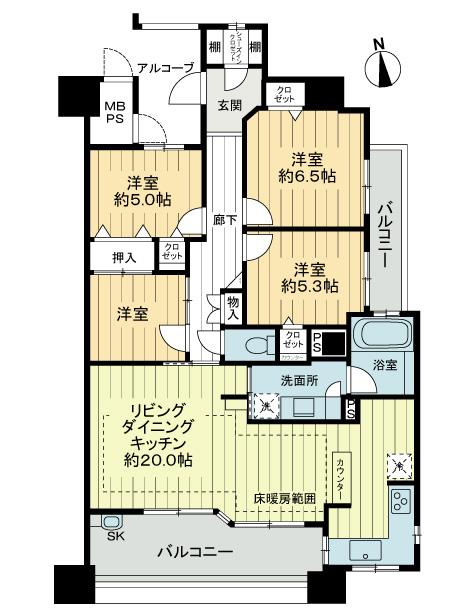 Floor plan. 3LDK + S (storeroom), Price 38,800,000 yen, Footprint 97.7 sq m , Balcony area 16.38 sq m footprint 97.70 sq m  ・ 3LDK + services Room