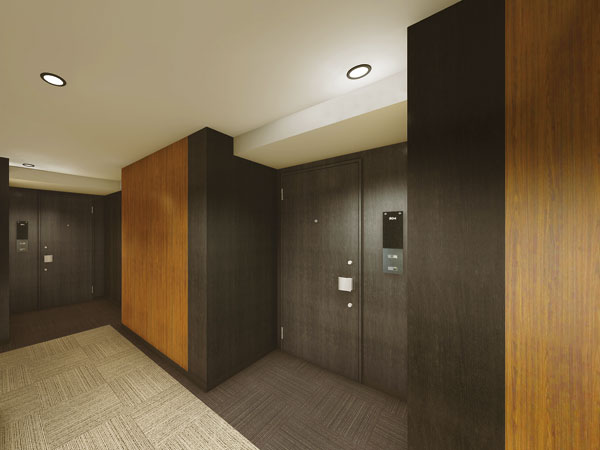 Features of the building.  [The inner corridor Rendering] It has become a hotel-like inner corridor design of carpet finish to each dwelling unit from elevator. After the air conditioning has been equipped, Since it nor exposed to wind and rain in the hallway and the front door, Anytime comfortable