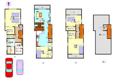 Floor plan. 35,800,000 yen, 4LDK, Land area 89.19 sq m , Building area 116.15 sq m LDK is spacious about 15 quires more than. 2 rooms installed 8 pledge beyond your room. Many storage, such as walk-in closet. You can respond to a variety of life scenes on the roof. 