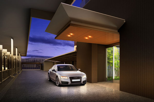 Features of the building.  [Car approach] While the city center, Consideration to comfortable car life. Along with the parking space of the entire mansion worth is secured on site, Driveway to produce a luxurious life have been installed. The environment that you can use the car smoothly, You further color to enrich the city life (Rendering)