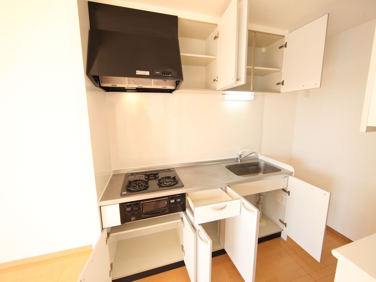 Kitchen. System kitchen (with a three-necked gas grill) with cupboard (storage enhancement)