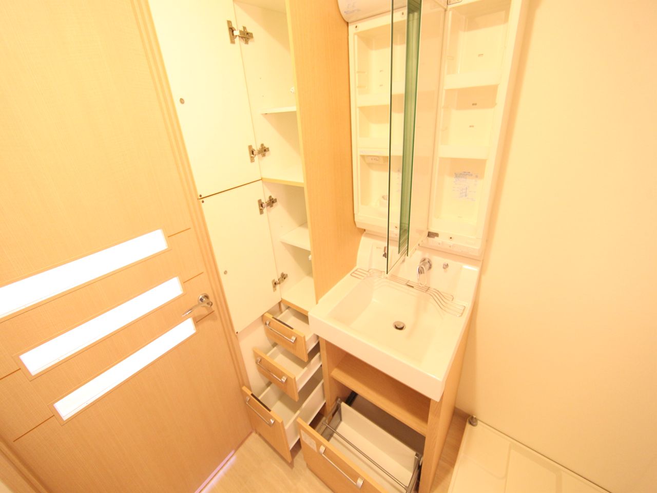 Washroom. Dressing room (shampoo wash basin with vanity) with storage shelf