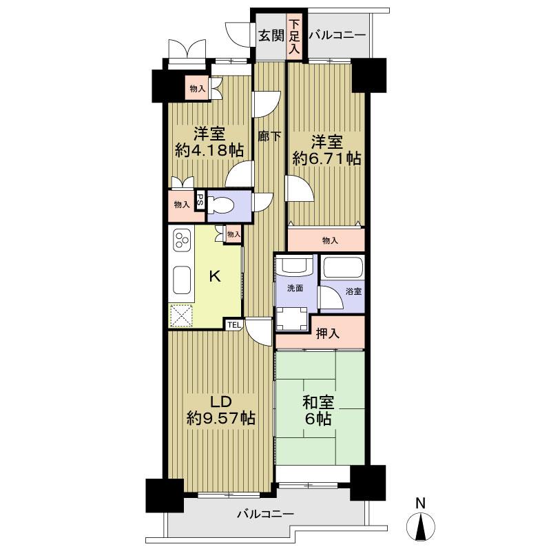Floor plan. 3LDK, Price 13.2 million yen, Footprint 72.2 sq m , Balcony area 10.41 sq m 3LDK Two-sided balcony