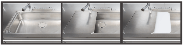 Kitchen.  [2D sink] Cooking block plate made of stainless steel to sink, Dish plate, Adopted 2D sink of a two-stage rib structure with a cutting board (D type 2DS sink). While cutting board and slide to the left and right, It can be used in your favorite position, Wash in the sink of the upper and lower, You can perform tasks such as turn off at the same time. You can take advantage of sink of up and down at the same time, Also, Remove the plate or cutting board, You can also wash together, such as pots and pans, Work efficiency of cooking increases (Description Photos)