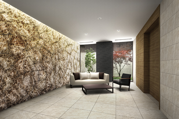 Shared facilities.  [Private lounge] The public lounge was partitioned by a wall, Tranquil space "private lounge". Rust stone to enhance the magnificent is used for the wall, It has been wrapped in a warm atmosphere in which the earth color tones (Rendering)