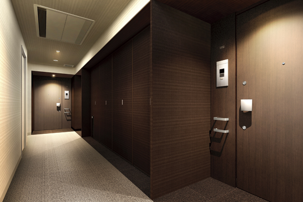Shared facilities.  [Inner hallway] Adopted the "inner corridor" design in "all mansion angle dwelling unit". Maintaining a high privacy, To achieve a high-quality urban life (Rendering)