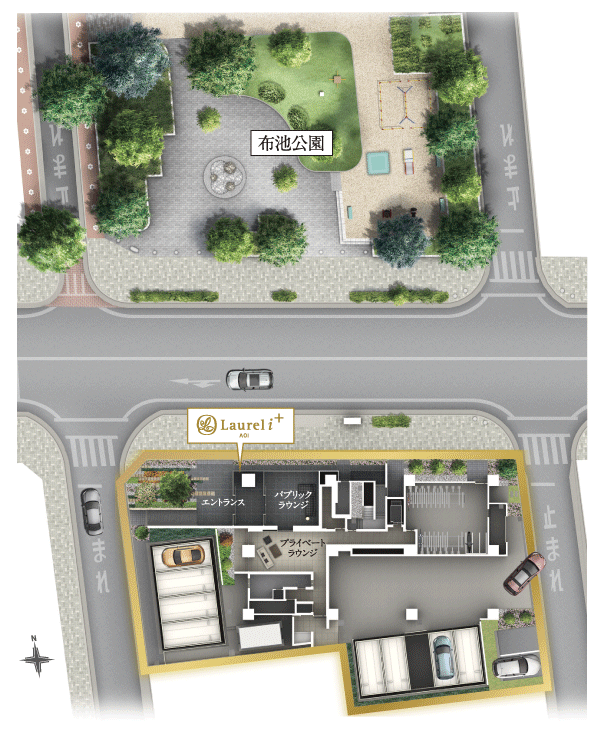 Features of the building.  [Land Plan] Planning a land plan that takes advantage of the open-minded location of the property that the three-way road in the Park front. Worthy of the city center Residence, The exterior design of the stylish, Rich planting is arranged so as to accent, Work to maintain harmony with the lush park (site layout)
