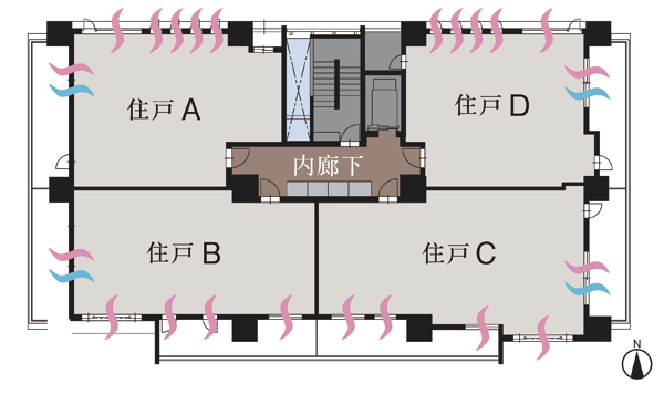 Other. Dwelling unit layout. 1 floor 4 House of the entire mansion angle dwelling unit design. It can be expected to lighting and ventilation. To adopt an out-pole design that issued the columns and beams in the outdoor