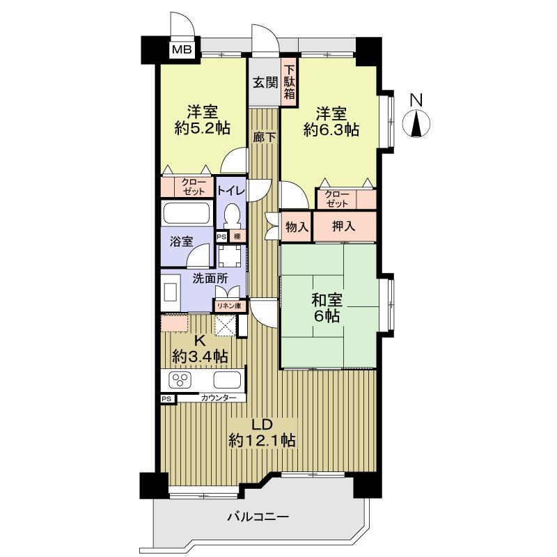 Floor plan. 3LDK, Price 19,800,000 yen, Occupied area 75.08 sq m , Balcony area 10.77 sq m 3LDK