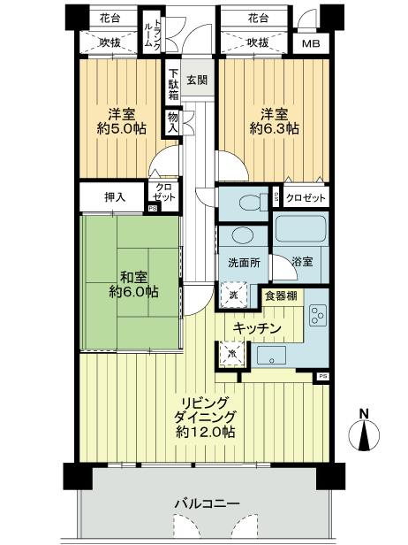 Floor plan. 3LDK, Price 24,800,000 yen, Occupied area 72.02 sq m , Balcony area 13.4 sq m