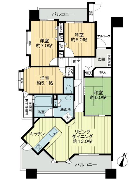 Floor plan. 4LDK, Price 27.5 million yen, Occupied area 95.53 sq m , On the balcony area 20.72 sq m 3 face lighting, Day has become a drenched floor plans from morning to evening.