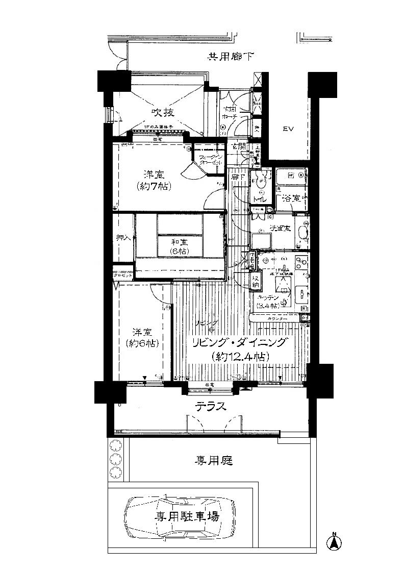 Floor plan. 3LDK, Price 19,800,000 yen, Occupied area 76.44 sq m , Balcony area 15.4 sq m