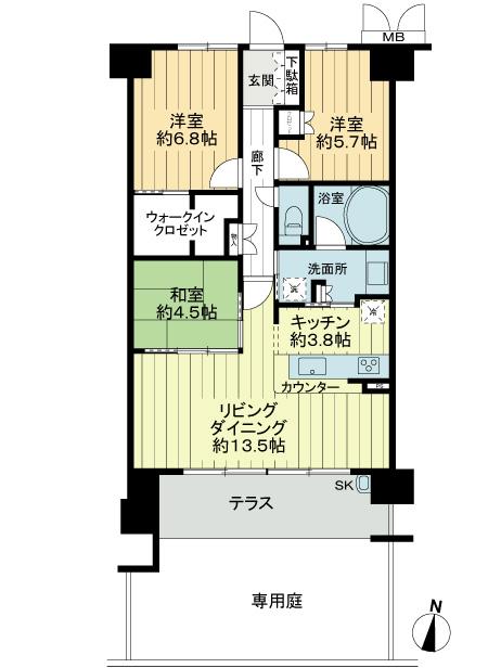 Floor plan. 3LDK, Price 24,800,000 yen, Occupied area 77.97 sq m terrace and a private garden, Is a floor plan of the first floor dwelling unit unique. Please enjoy the open-minded private garden.