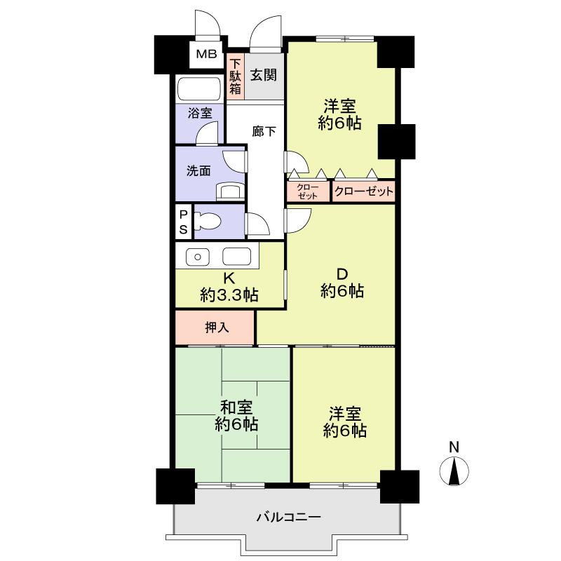 Floor plan. 3DK, Price 9.8 million yen, Occupied area 66.24 sq m , Balcony area 2.55 sq m 3LDK