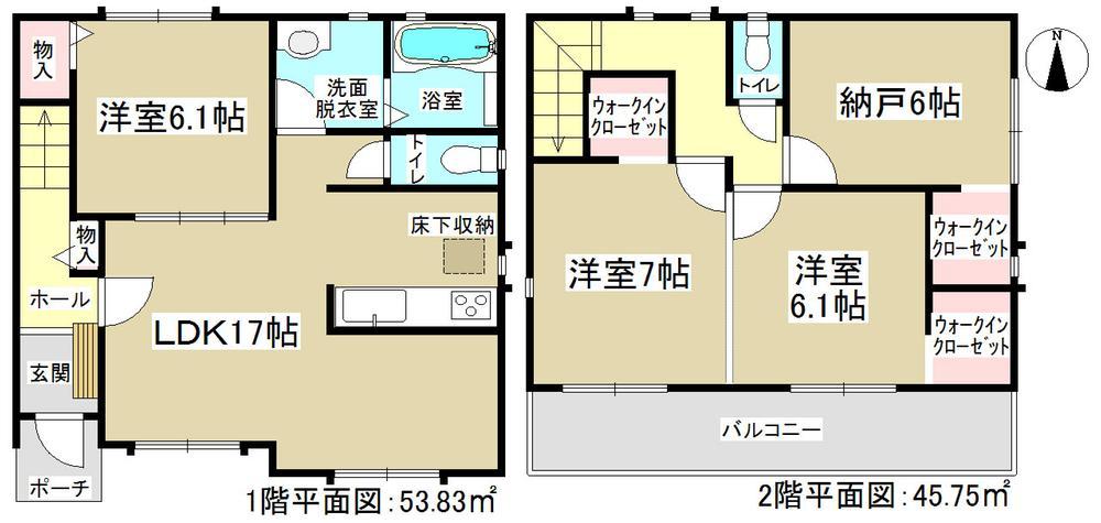 Floor plan. There is a storage capacity rich walk-in closet in 2 kaizen room. It is a popular south-facing property. 