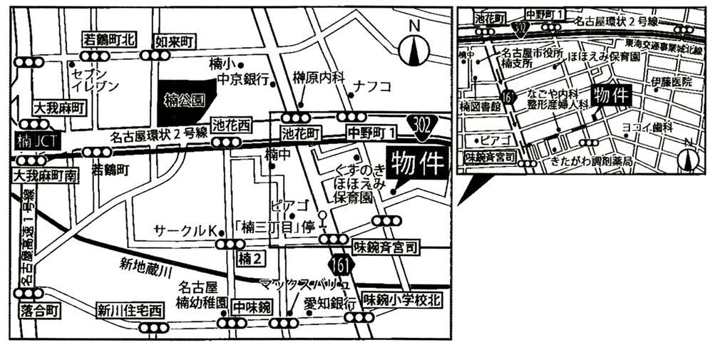 Local guide map. City Bus "Kusunoki Third Street," a 4-minute walk from the stop