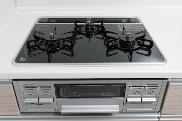 Kitchen.  [Glass coat top stove] 3-neck gas stove with a beautiful grill to look if there is a gloss. Because the glass coat top, Dirt fell easy it is easy to clean (same specifications)