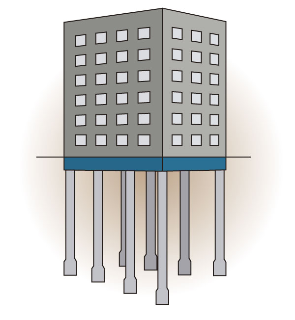 Building structure.  [Pile foundation] Adopt a cast-in-place concrete 拡底 pile in the foundation. Driving a total of 10 pieces of pile up to the formation of the support ground, Firmly support the whole building (conceptual diagram)