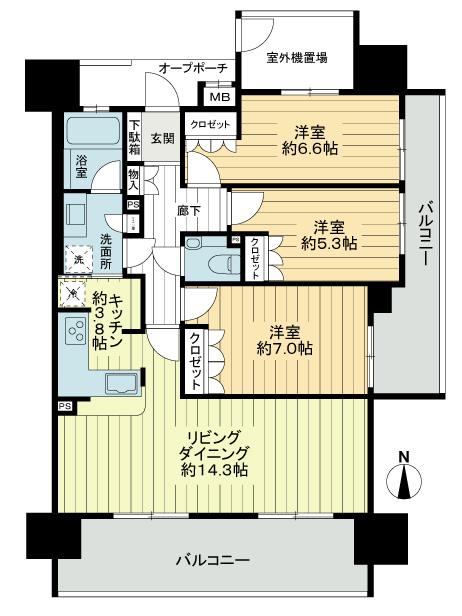 Floor plan. 3LDK, Price 27,800,000 yen, Occupied area 80.01 sq m , Balcony area 22.51 sq m