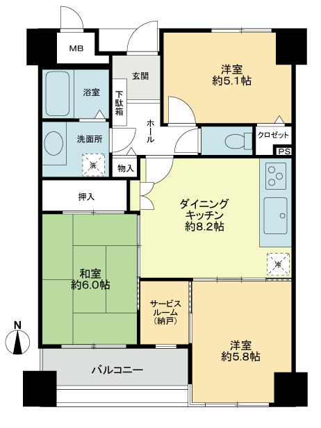 Floor plan. 3DK + S (storeroom), Price 18,800,000 yen, Occupied area 60.12 sq m , Balcony area 6.8 sq m now a free room. It is immediately possible guidance.