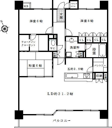 Floor plan. 3LDK, Price 25,800,000 yen, Footprint 102.69 sq m , Balcony area 17.12 sq m