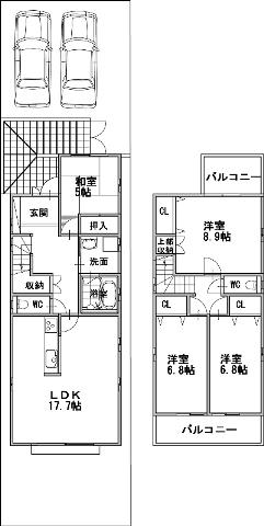 Building plan example (floor plan). Building plan example (west section) 4LDK, Land price 30,360,000 yen, Land area 142.12 sq m , Building price 19,440,000 yen, Building area 110.33 sq m