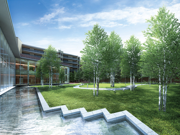 Features of the building. Private garden with white birch is the symbol tree. Flow of water to fall Tsutai the cascade (waterfall) is followed to the basin that extends facing the shared building "Swan House" / Rendering