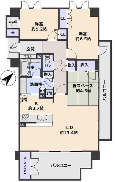 Floor plan. 3LDK, Price 27,800,000 yen, Occupied area 77.17 sq m , Balcony area 16.34 sq m