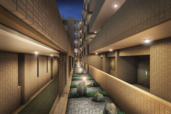 Features of the building.  [Corridor] Taste a courtyard and covered corridor. Between the parking lot and the south residential building is, Planning the courtyard and the corridor. In the courtyard laying natural stone, Directing the flavor, such as the rock garden. Corridor is without getting wet in the rain with a roof, Since the line of sight is also blocked, Privacy property is kept (Rendering)