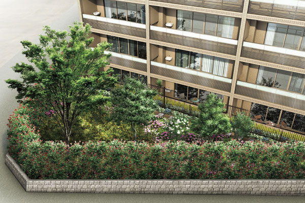 Features of the building.  [Outdoor facility] Beautiful outside structure that spread to the terrace over. It can be seen from the first floor dwelling unit Terrace, Planted 栽豊 Kana outside the structure. Draw colorful green and flowers are a rich look to the four seasons, beautifully, It spreads moist landscape (Rendering)