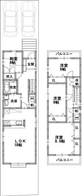 Building plan example (floor plan). Building plan example (west compartment reference plan) 4LDK, Land price 21,980,000 yen, Land area 123.66 sq m , Building price 20,520,000 yen, Building area 110.87 sq m