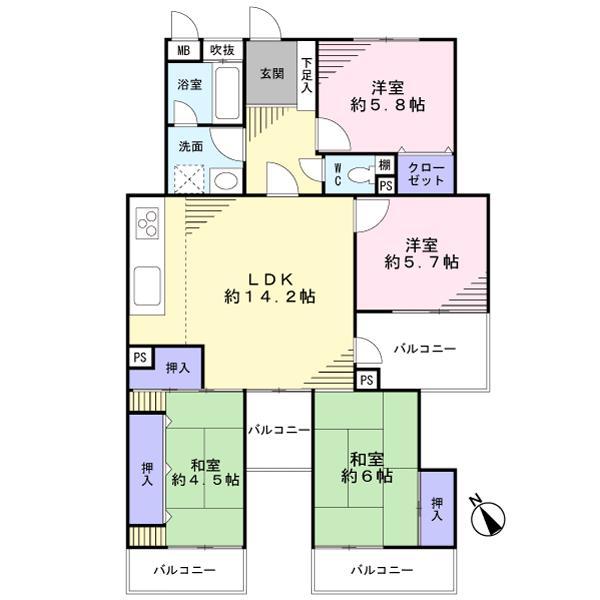 Floor plan. 4LDK, Price 12.8 million yen, Occupied area 80.77 sq m , Balcony area 16.16 sq m