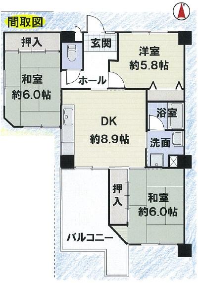 Floor plan. 3DK, Price 9.5 million yen, Occupied area 60.41 sq m , Balcony area 13.84 sq m