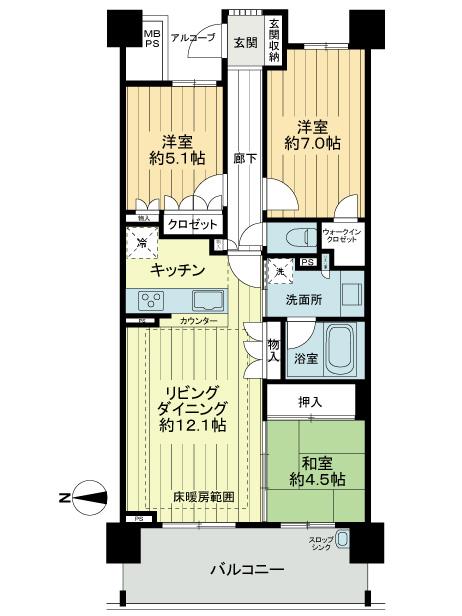 Floor plan. 3LDK, Price 31.5 million yen, Occupied area 73.75 sq m , Balcony area 12.3 sq m floor plan