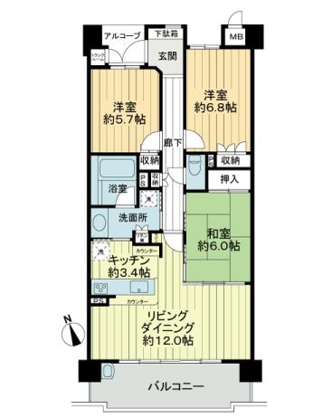 Floor plan. 3LDK, Price 26,800,000 yen, Occupied area 77.56 sq m , Balcony area 11.25 sq m