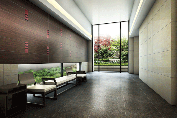 Features of the building.  [Entrance hall] Space with a feeling of opening of the ceiling height of about 4.2m. Floor is granite-tone tile, In addition to walls finished with marble tile, Adopt a tectonic window of Yukimi window style with a view of the planting through the four seasons. Its upper part, Dark accent wall of accentuate the effect of light and the green have been installed (Rendering)